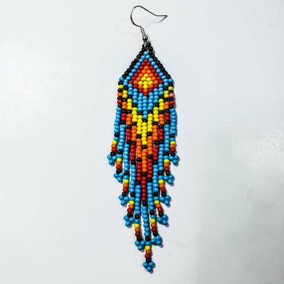 Turquoise Sunrise Long Fringe Seed Bead Earrings - Picture 6 of 7